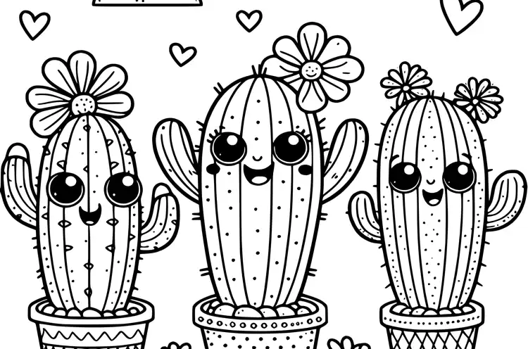 Trzy uśmiechnięte kaktusy z dużymi oczami, każdy z nich ma różne zdobienia, umieszczone w ozdobnych doniczkach i otoczone serduszkami oraz kwiatami.
