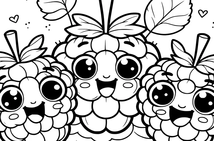 Trzy uśmiechające się malinki z dużymi oczami i detale w postaci serduszek oraz liści.